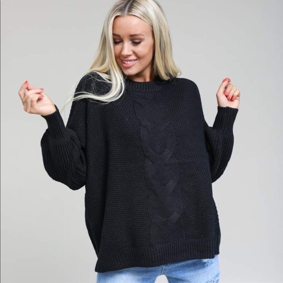 Chunky Cable Knit Balloon Sleeve Sweater in Black Sz Large - Picture 3 of 3